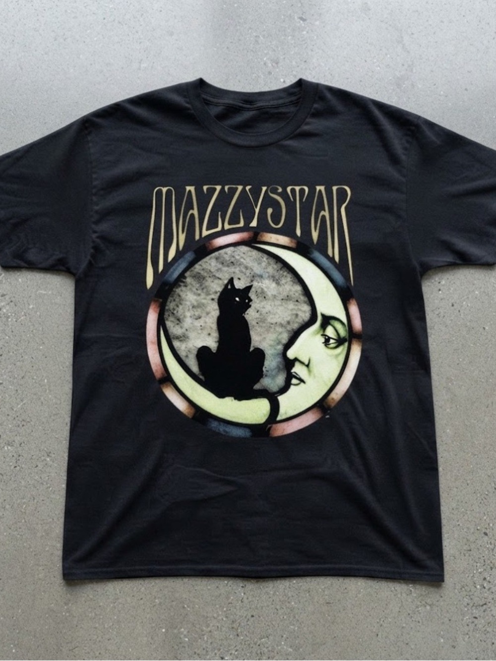 Mazzy Star Stained Glass Cat Moon Black Gildan T-Shirt